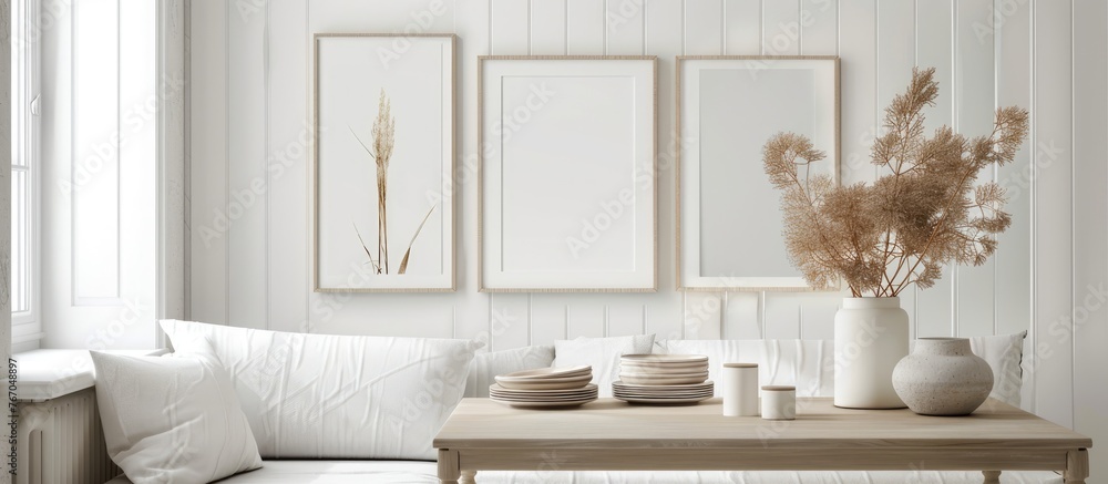 Fototapeta premium Minimalist poster template in frames placed on a table against a white wall in a modern interior setting. The frames are available in sizes 50x70, 20x28, and 20RP.