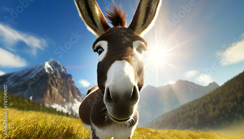 Extreme close-up of a brown and white donkey looking at camera on a mountain pasture. Generative Ai.