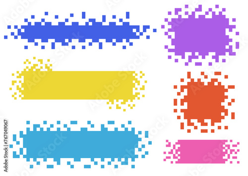 Set of abstract pixelated blank rectangle and square. Multicolor geometric shape with broken pixel. Background for text