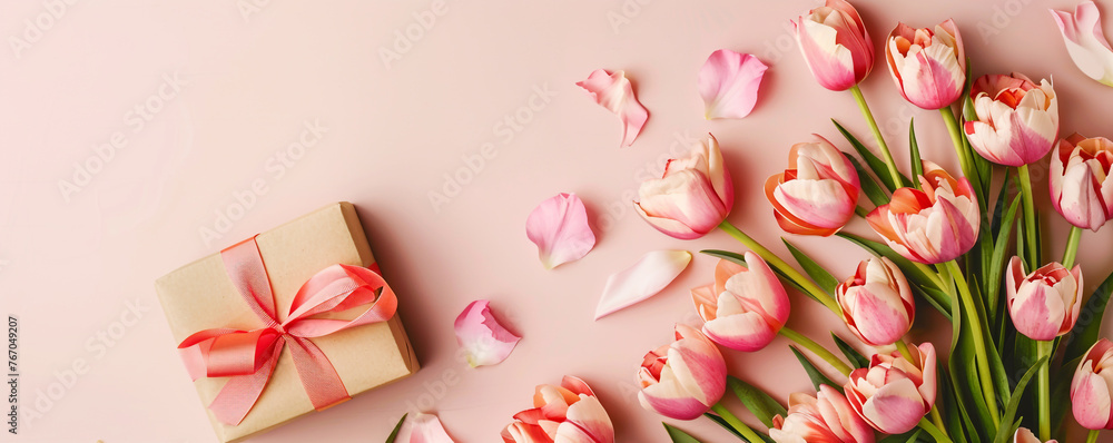 Mother's Day flat lay image featuring flowers and a gift box Mother's Day flat lay image featuring flowers and a gift box