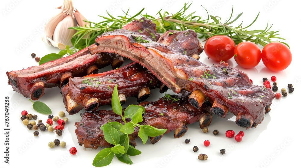 Grilled ribs on a white background. Immerse yourself in the visually stunning experience of these grilled ribs, their mouthwatering appeal heightened against a pure white backdrop. Grilled ribs on a white background. Immerse yourself in the visually stunning experience of these grilled ribs, their mouthwatering appeal heightened against a pure white backdrop.
