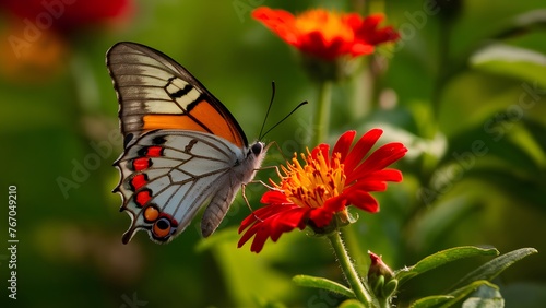 Argynnis niobe butterfly sitting on red miniature flower, perfect light