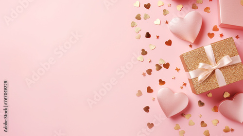 Valentine's day flat lay theme with gift boxes and hearts on a pink background © FATHOM