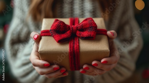  A woman holds a gift with brown wrapping paper and a red ribbon, adorned with a bow at its peak