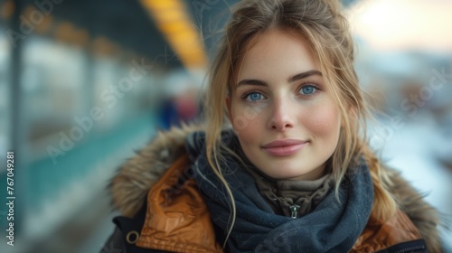  A woman wearing a scarf and jacket with a train in the background