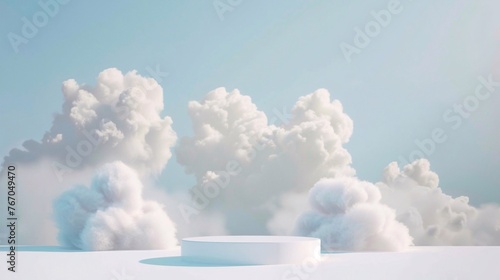 Fluffy white Clouds background podium  photo