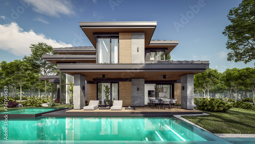 3d rendering of modern two story house with gray and wood accents daylight