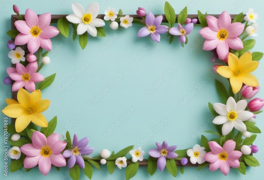 Summer Floral Frame, Pastel Beautiful Spring Template, Text Background, Copy Space.