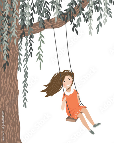 Happy smiling girl with flying in the wind hair on a rope swing. Swing on the willow tree. Vector isolated cartoon illustration