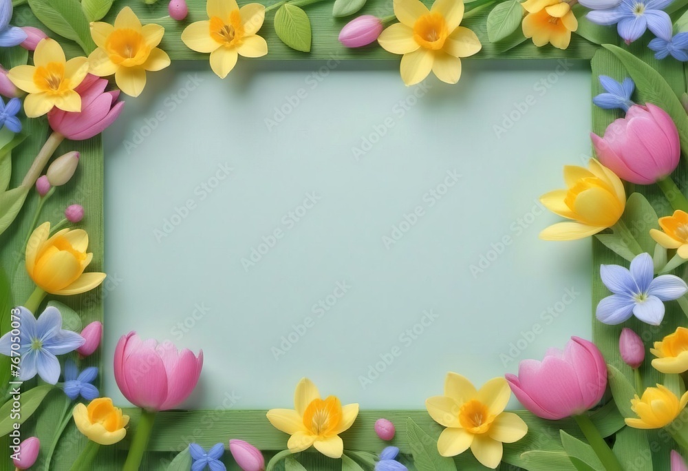 Summer Floral Frame, Pastel Beautiful Spring Template, Text Background, Copy Space.