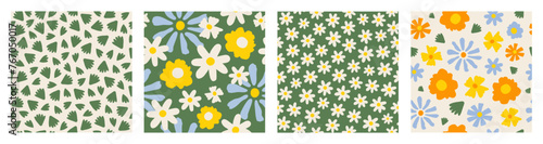 Set seamless patterns with cute groovy daisy flowers. Pastel colors. Trendy abstract print for wrapping paper, wallpaper, cover, fabric design. Vector illustration
