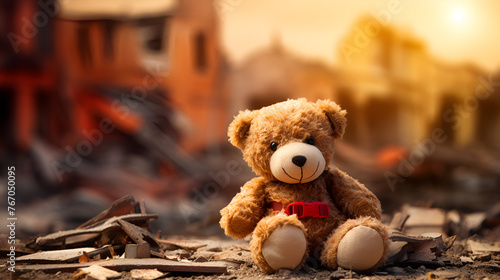 Toy teddy bear against the backdrop of a destroyed city