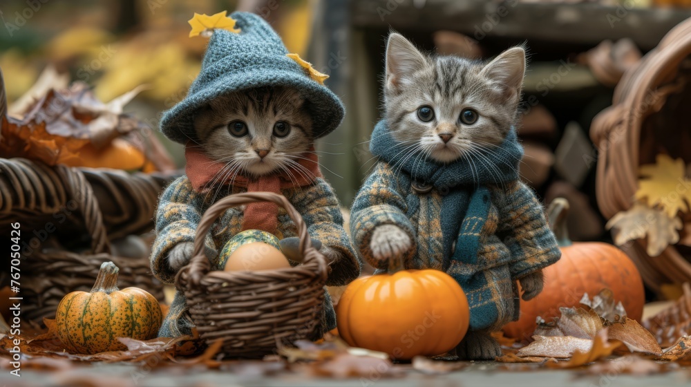   A pair of kittens resting beside a pumpkin basket and an egg basket