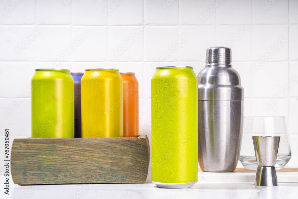 RTD Cocktail or mocktail, Ready to Drink canned beverage in colorful tin cans bottles, trendy easy way to make cocktails RTD Cocktail or mocktail, Ready to Drink canned beverage in colorful tin cans bottles, trendy easy way to make cocktails