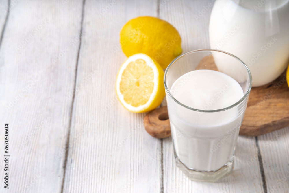 Homemade kefir, buttermilk or yogurt. Healthy probiotics prebiotic fermented dairy drink