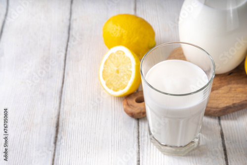 Homemade kefir, buttermilk or yogurt. Healthy probiotics prebiotic fermented dairy drink