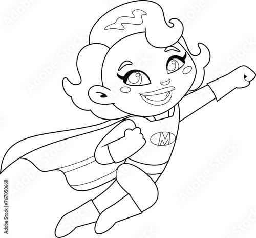 Outlined Super Hero Mom Cartoon Character Flying. Vector Hand Drawn Illustration Isolated On Transparent Background