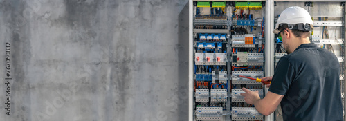 A male electrician works in a switchboard using an electrical connection cable.