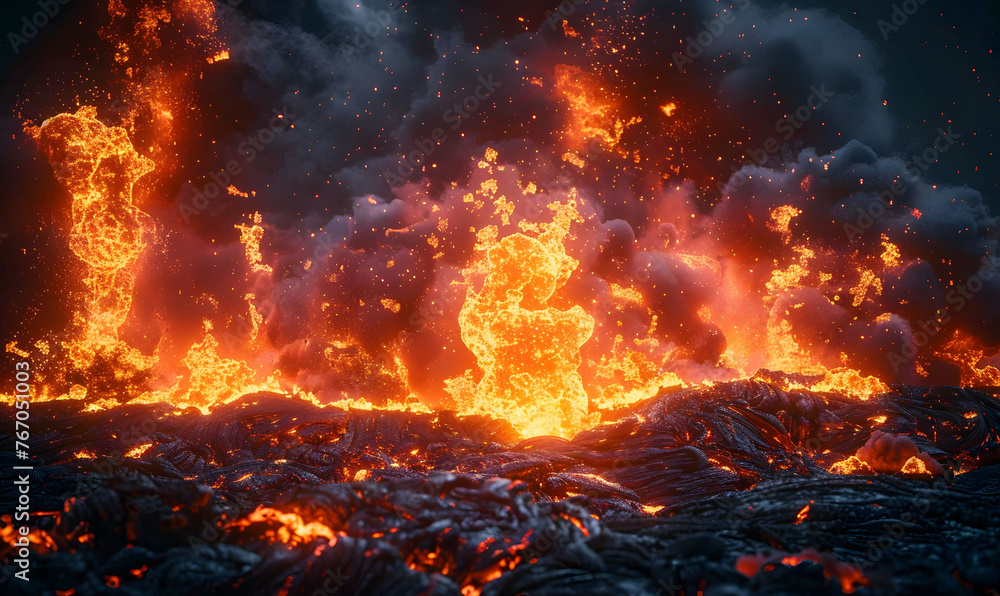 Dramatic scene of molten lava bursting with fire and smoke