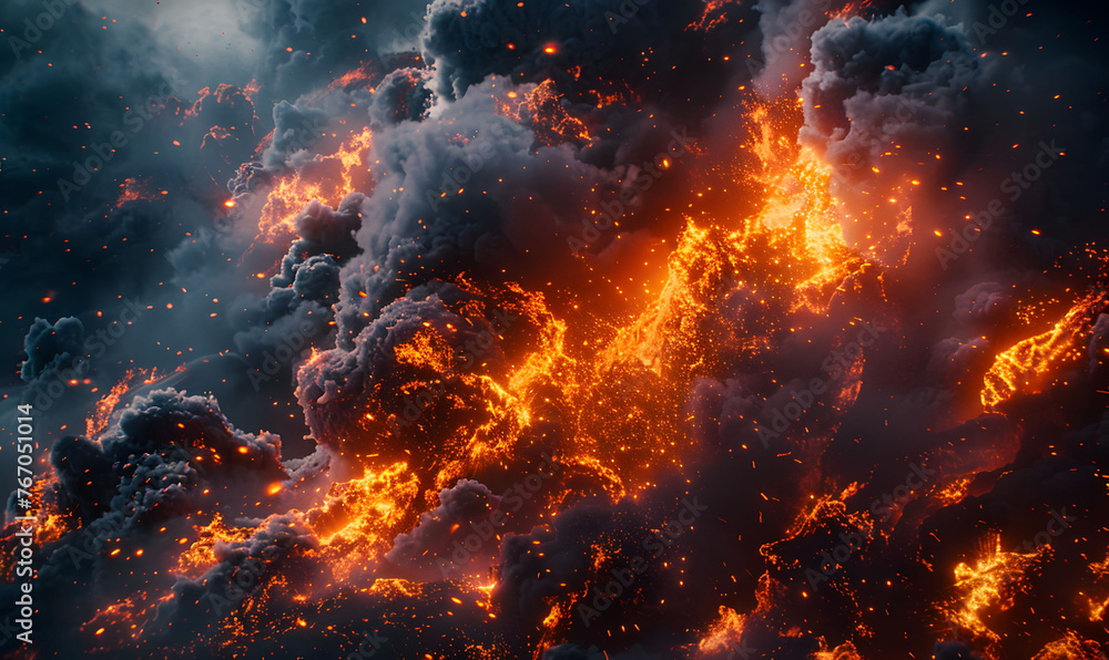 Dramatic scene of molten lava bursting with fire and smoke