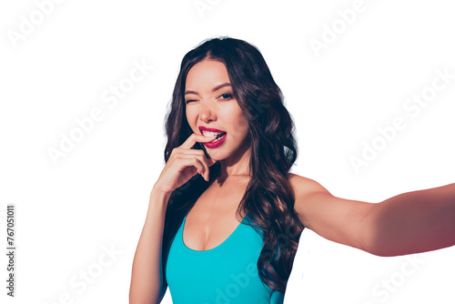 Self-portrait of nice cheeky cocky confident cheerful crazy coquettish flirty adorable attractive glamorous charming wavy-haired lady biting nail isolated over pink pastel background