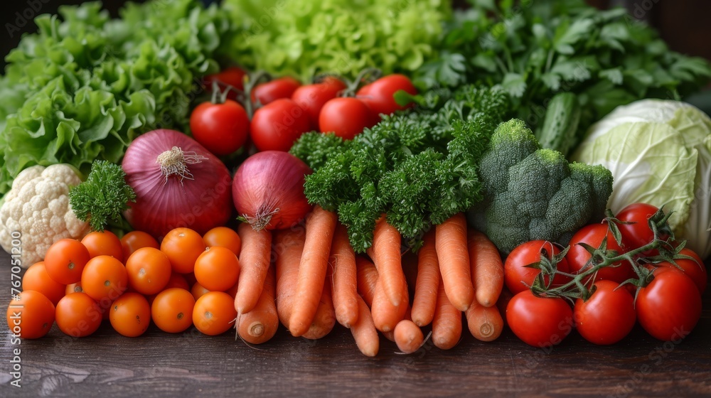 A table filled with various vegetables, such as broccoli, tomatoes, and cauliflower, sits on a wooden surface A table filled with various vegetables, such as broccoli, tomatoes, and cauliflower, sits on a wooden surface