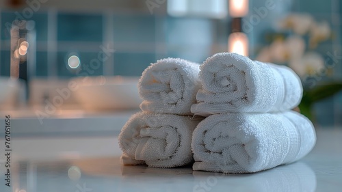 Soft neatly folded towels on wooden shelf in tranquil bathroom decor