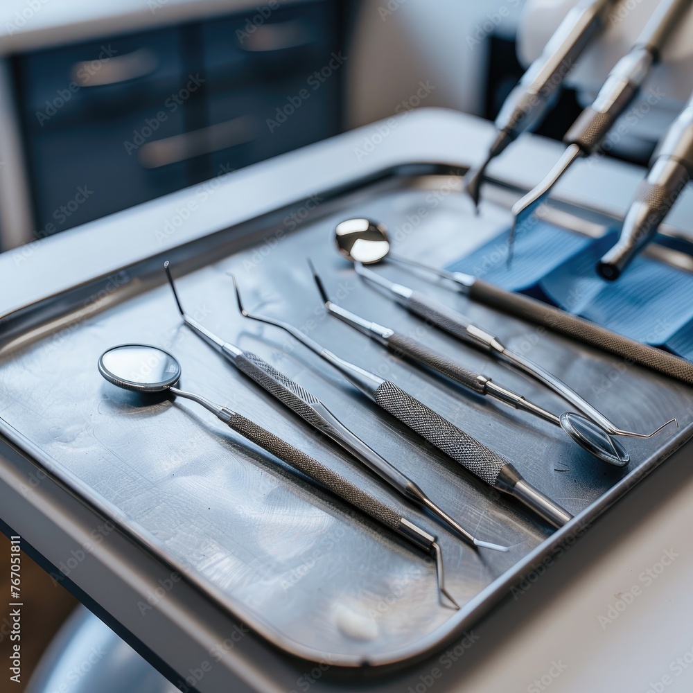 A detailed view of a dentists tools laid out on a tray emphasizing professional dental care and treatments A detailed view of a dentists tools laid out on a tray emphasizing professional dental care and treatments