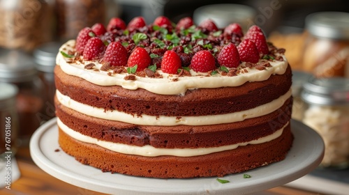   A chocolate cake with raspberries and cream frosting on a white plate atop a wooden table