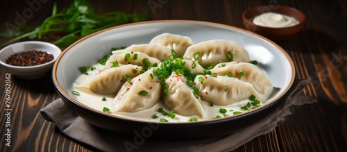A classic dish of mandu dumplings served with sour cream and green onions, a comforting staple food in many cuisines, displayed on a wooden table