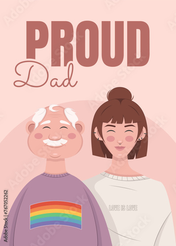 LGBTQ Proud Dad. Vector illustration with father and daughter. Pride month card.