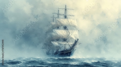  A sailing ship painting in the middle of the ocean emitting smoke