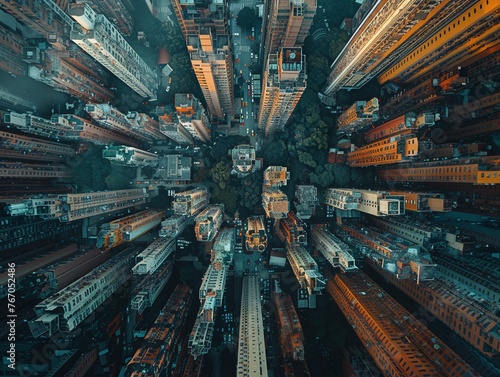 Capture a surrealistic aerial view merging utopian and dystopian elements seamlessly, symbolizing the complex nature of modern societal issues with an innovative twist that challenges perceptions