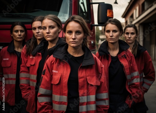 Female firefighters standing with determination in front of a fire engine at dusk