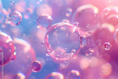 Pink bubbles floating in a softlit minimalist room, serene, closeup, 