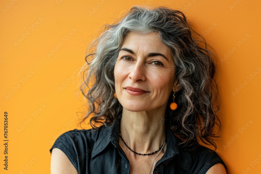 Portrait of a beautiful middle-aged woman with gray hair on a yellow background Portrait of a beautiful middle-aged woman with gray hair on a yellow background