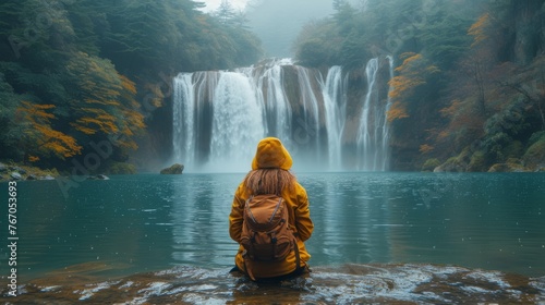  A person in a yellow jacket stands before a waterfall and a body of water with the waterfall in the background