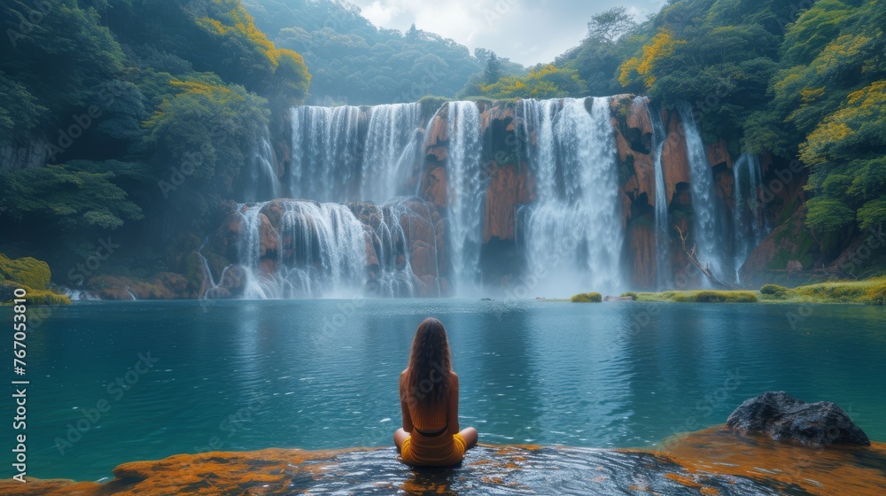   A lady perches atop a boulder, facing a majestic cascade with a water basin nearby