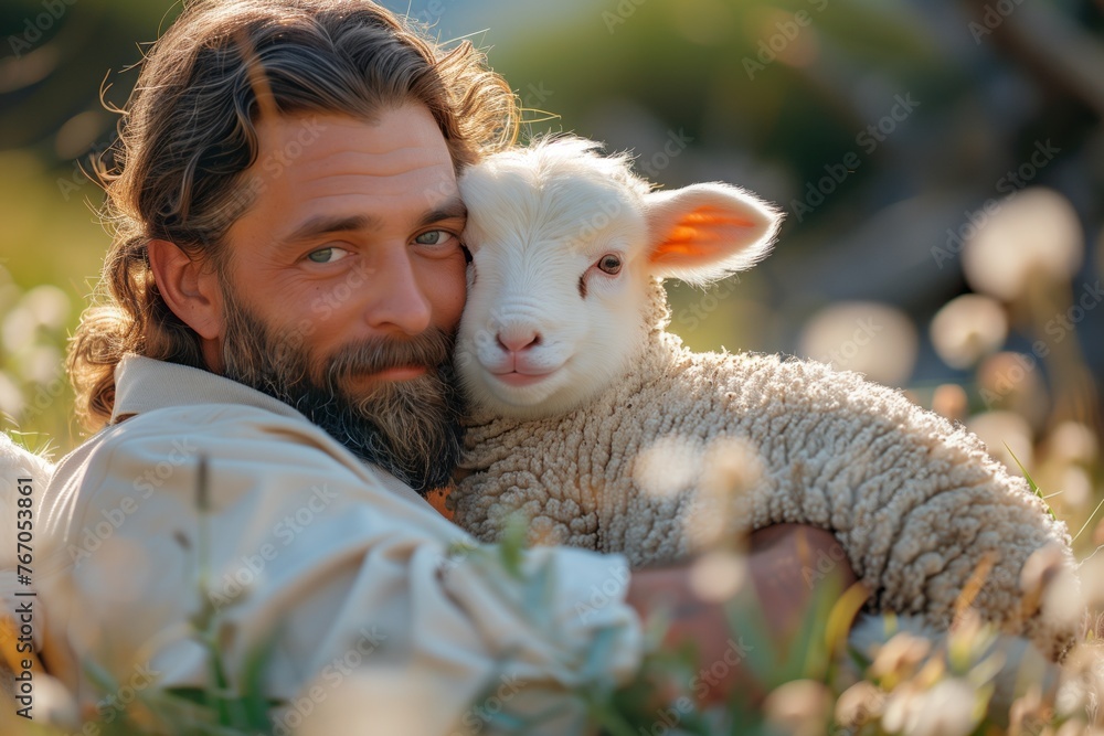 Bearded man smiling while holding a baby sheep in his arms Bearded man smiling while holding a baby sheep in his arms