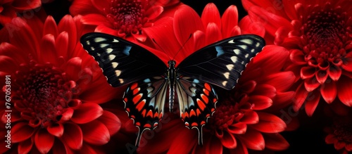 An arthropod known as a black butterfly is perched on a vibrant red flower, acting as a pollinator in the process of transferring pollen to help the plant reproduce