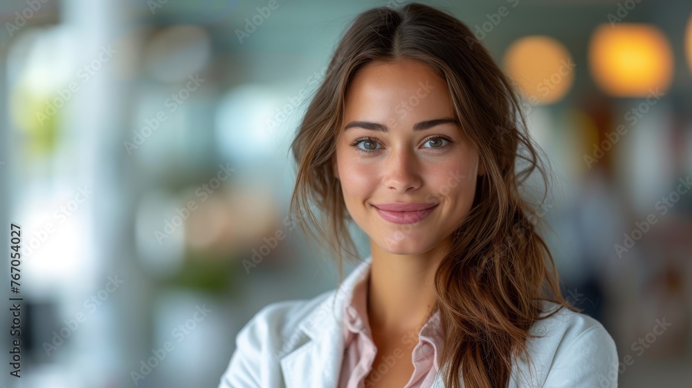 A close-up shot of a person in a white and pink shirt, grinning at the camera with an out-of-focus backdrop A close-up shot of a person in a white and pink shirt, grinning at the camera with an out-of-focus backdrop