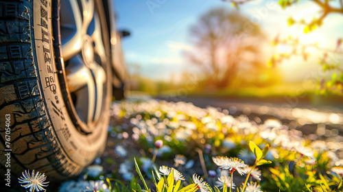A tire is in the foreground of a field of flowers. The tire is black and has a white logo on it. Concept of peace and tranquility photo