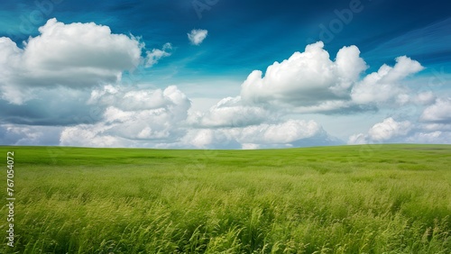 Artistic summer environmental landscape concept with green grass and cloudscape