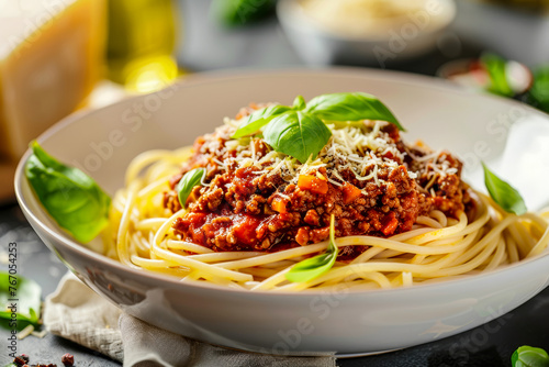 Delicious spaghetti bolognese with basil on top