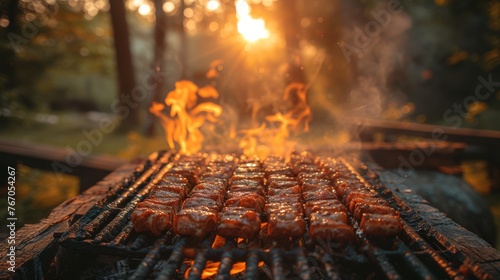   A BBQ grill with hot dogs cooking on it and the sun shining through trees on the opposite side photo
