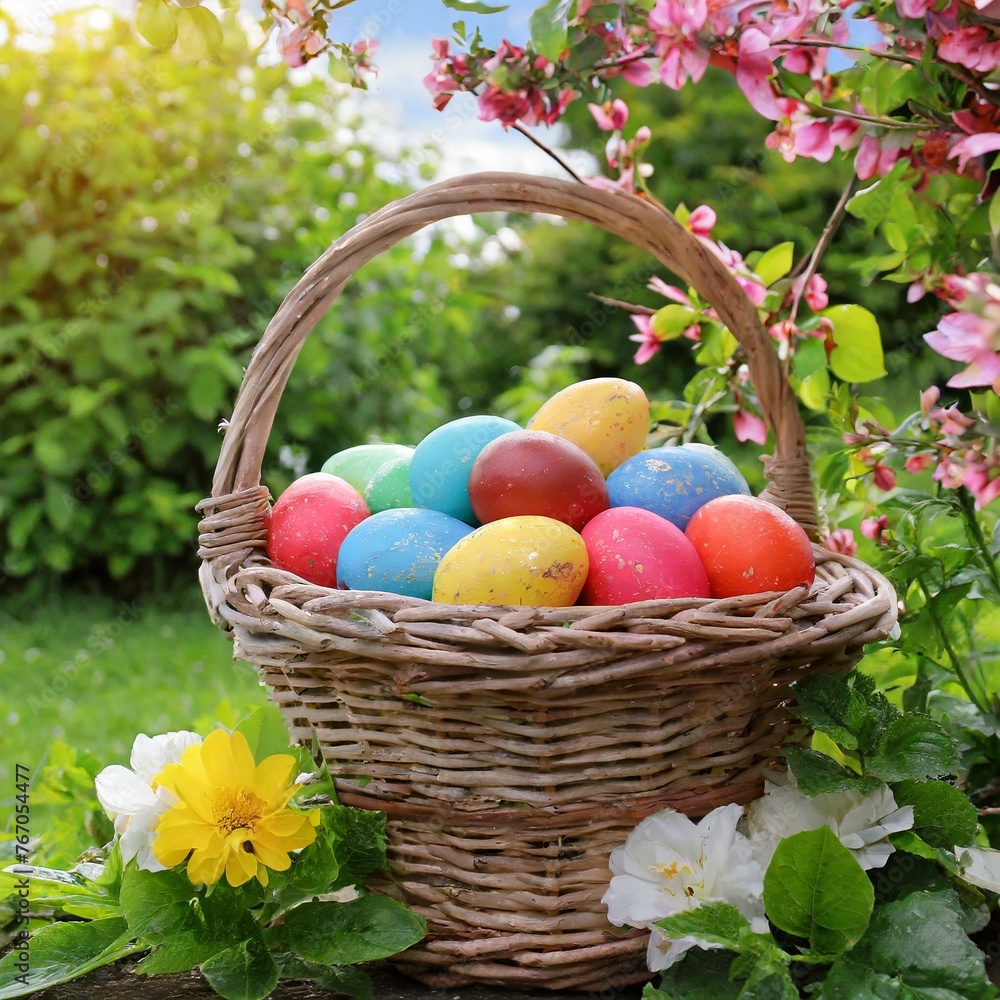 Garden Eggstravaganza: Vibrant Basket of Easter Eggs Amidst Spring Blooms Garden Eggstravaganza: Vibrant Basket of Easter Eggs Amidst Spring Blooms