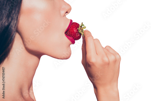 Close-up cropped half face profile side view portrait of lovely sweet feminine glamorous attractive wavy-haired lady eating biting licking tasting enjoying dessert red lips isolated on pink background