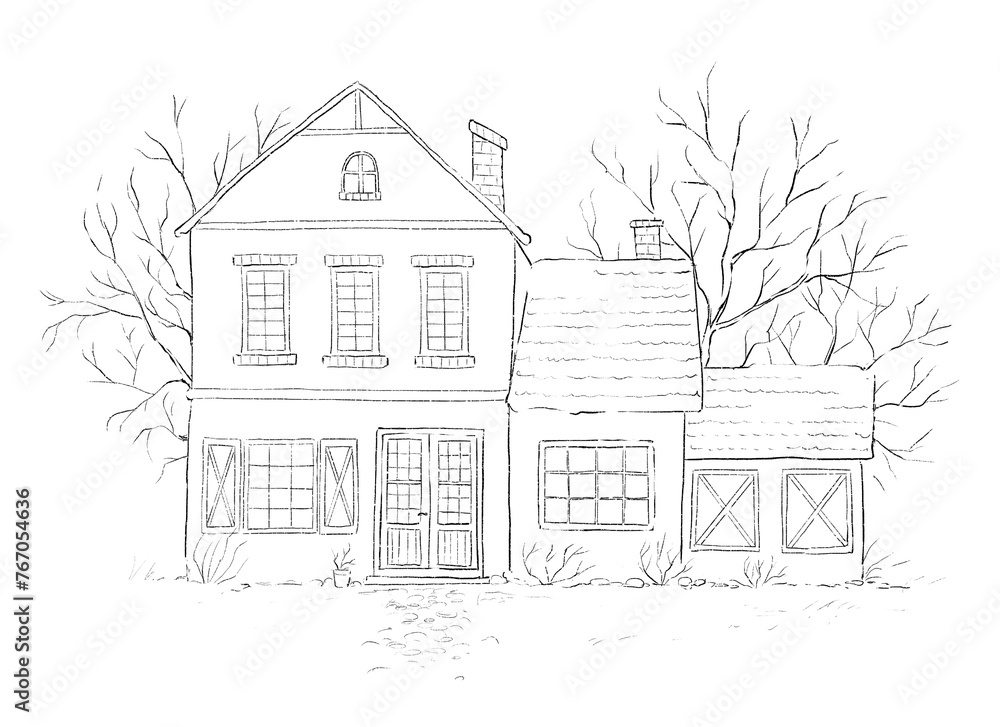 Winter landscape with country house and trees isolated on white background. Graphic outline sketch illustration