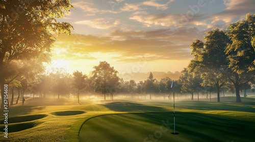 Sunrise on serene golf course between trees