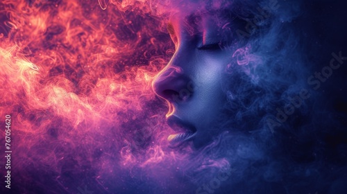  Woman's face in cloud of smoke against red-blue background